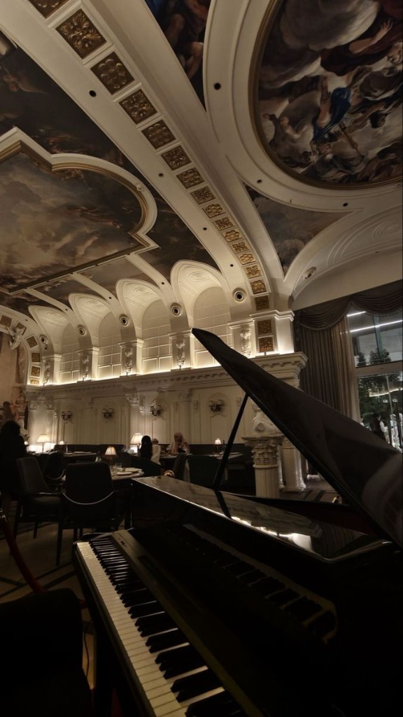 Look 3 — Grand piano beneath frescoed ceilings