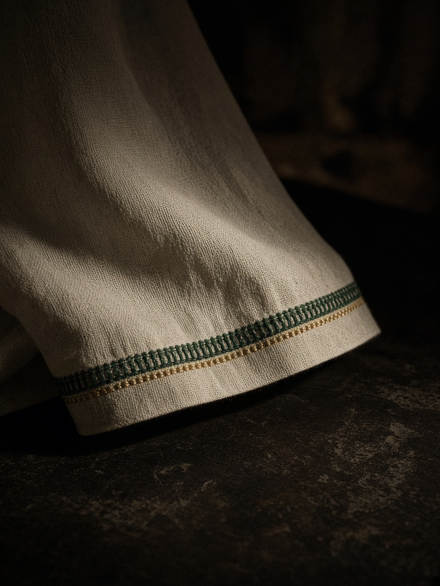 Finished cuff, forest and gold hemstitch