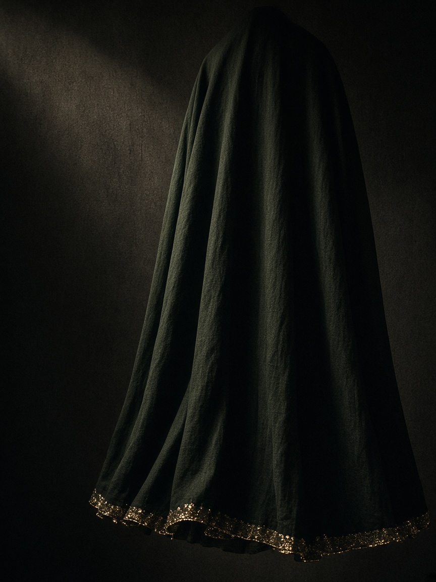 Forest abaya volume, gold hem in night light