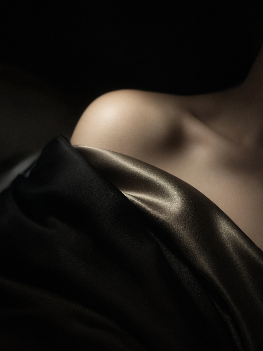 Black satin at the shoulder