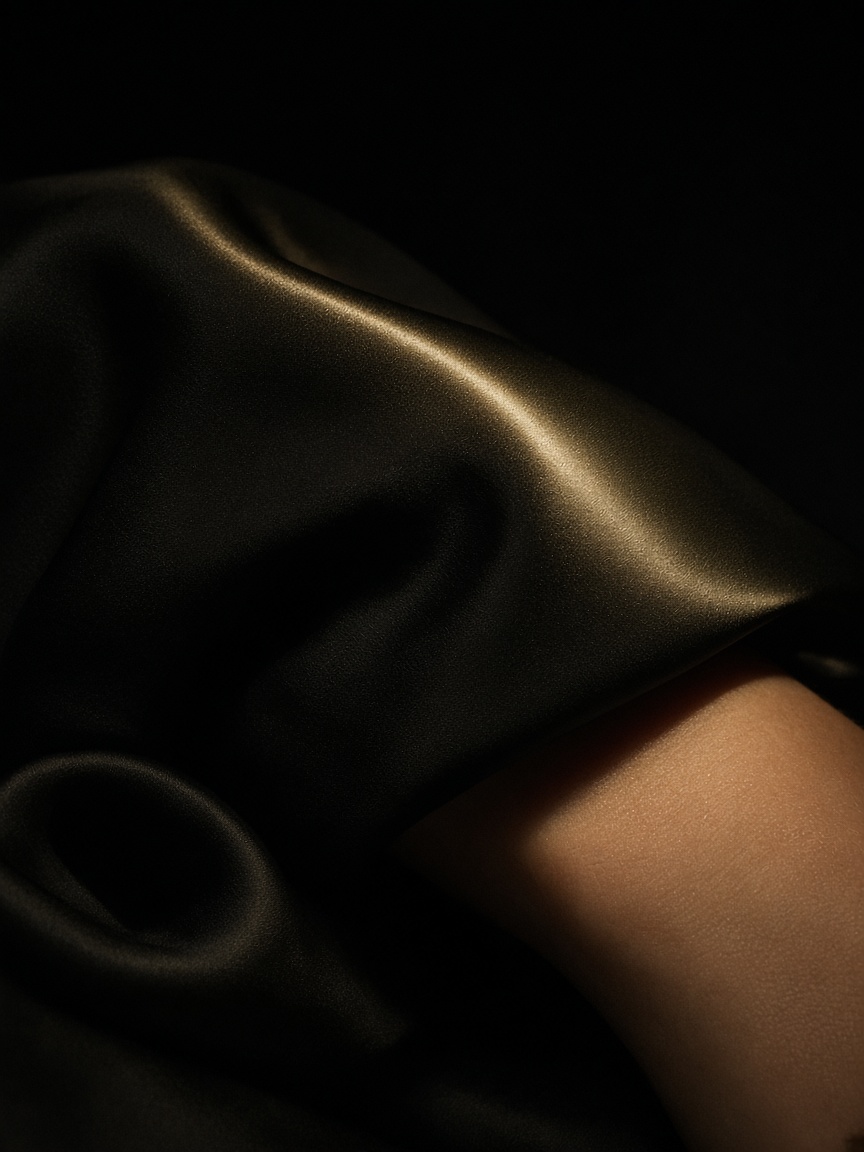 Black satin folding over an anonymous wrist
